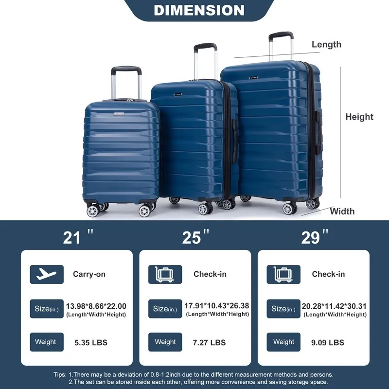 3PCS Durable Suitcase Luggage Sets with 2 Hooks,TSA Lock and Spinner Wheels