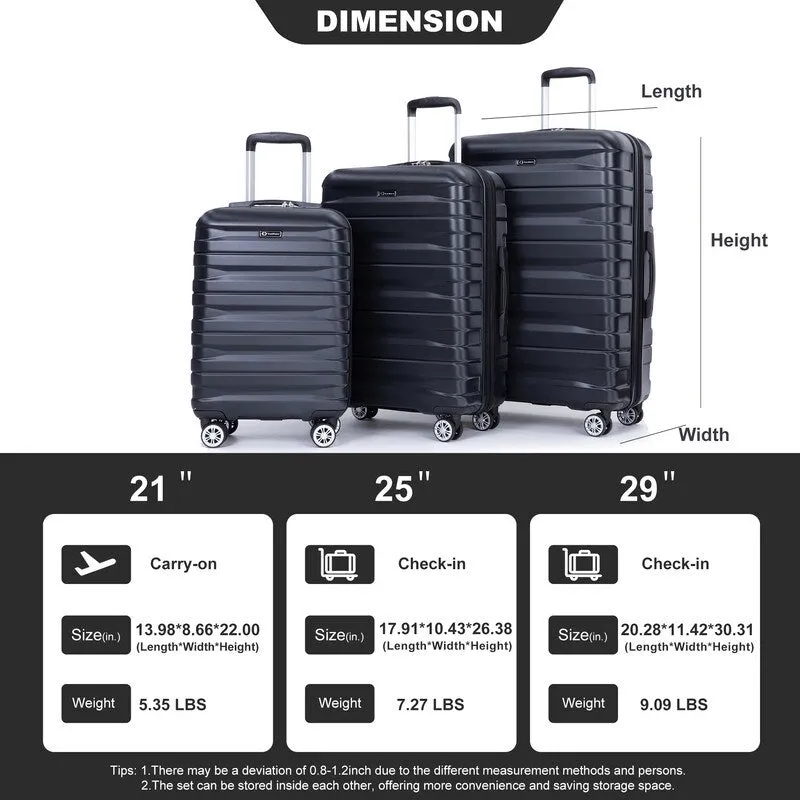3PCS Durable Suitcase Luggage Sets with 2 Hooks,TSA Lock and Spinner Wheels