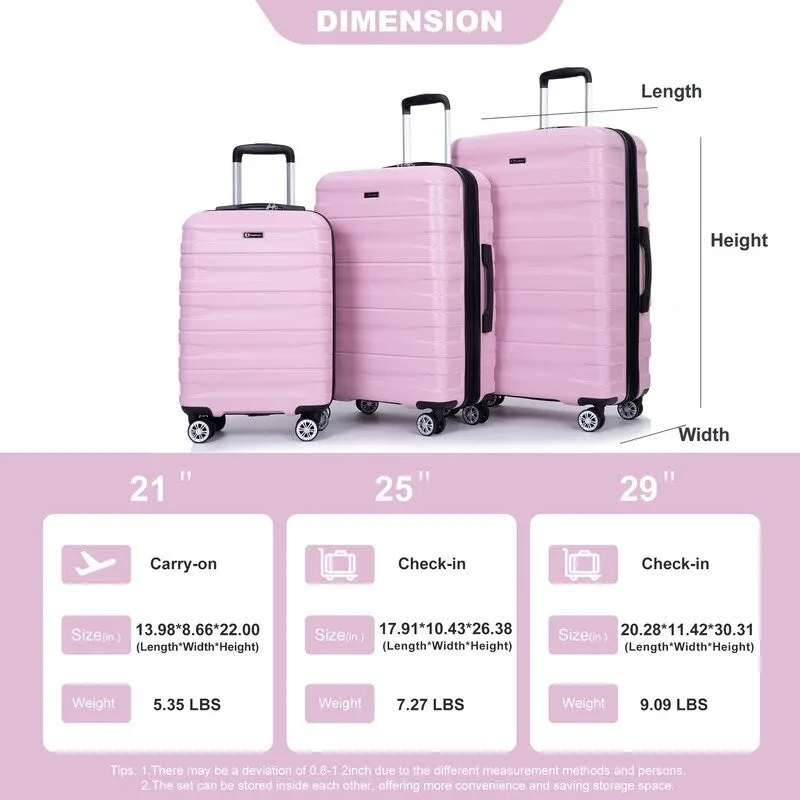 3PCS Durable Suitcase Luggage Sets with 2 Hooks,TSA Lock and Spinner Wheels