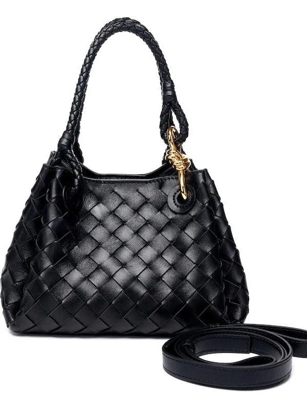 Double-Sided Weaving Noir Woven Lambskin Leather Shoulder Bag with Braided Handle and Gold Accents