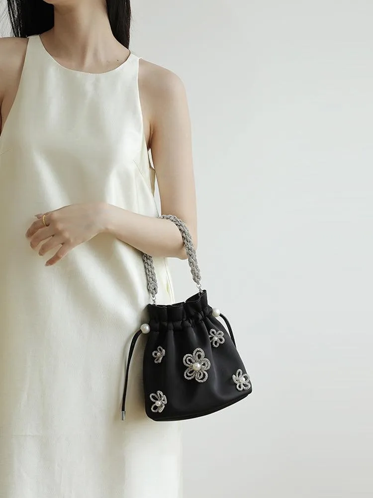 Handcrafted Silk Crescent Hobo Handbag and Bucket Bag with Beaded Flower | Chic Top Handle Evening Party Bag for Women