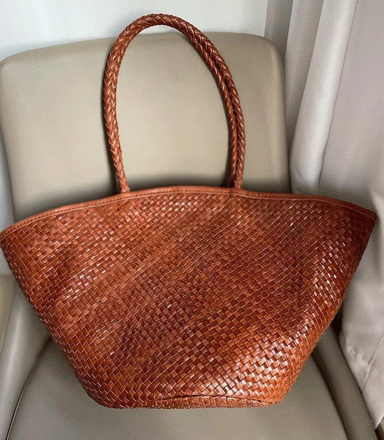 Italy Leather interwoven Hobo Large Trapezoidal Tote Bag, Full Grain Leather Triple Bamboo Bag, Summer Beach Bag, Handcrafted Basket Bag