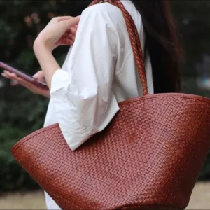 Italy Leather interwoven Hobo Large Trapezoidal Tote Bag, Full Grain Leather Triple Bamboo Bag, Summer Beach Bag, Handcrafted Basket Bag