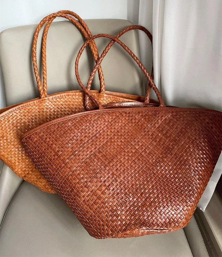 Italy Leather interwoven Hobo Large Trapezoidal Tote Bag, Full Grain Leather Triple Bamboo Bag, Summer Beach Bag, Handcrafted Basket Bag