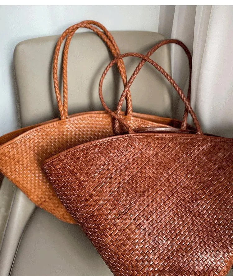 Italy Leather interwoven Hobo Large Trapezoidal Tote Bag, Full Grain Leather Triple Bamboo Bag, Summer Beach Bag, Handcrafted Basket Bag
