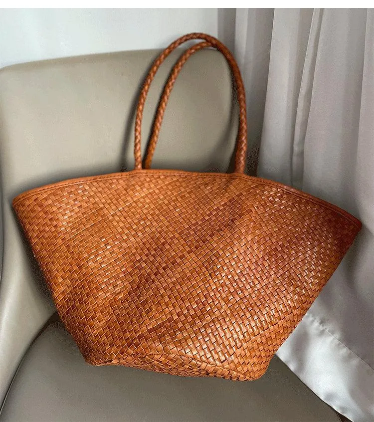 Italy Leather interwoven Hobo Large Trapezoidal Tote Bag, Full Grain Leather Triple Bamboo Bag, Summer Beach Bag, Handcrafted Basket Bag