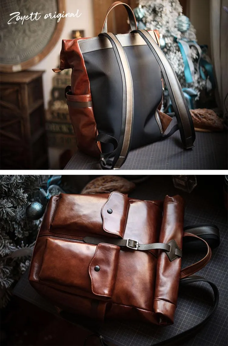 Men’s Full Grain Leather Roll Top Backpack, Handcrafted Vintage Italian Cowhide Laptop, Travel, and Work Bag
