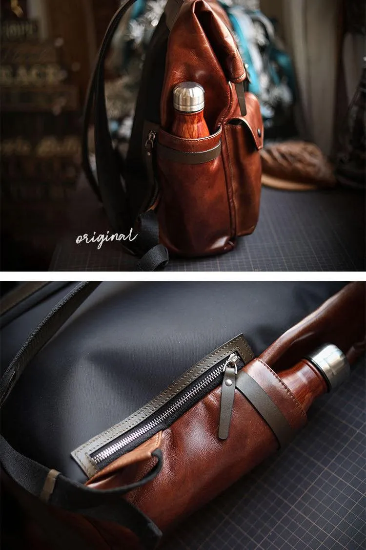 Men’s Full Grain Leather Roll Top Backpack, Handcrafted Vintage Italian Cowhide Laptop, Travel, and Work Bag