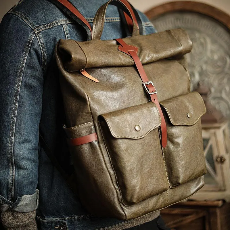 Men’s Full Grain Leather Roll Top Backpack, Handcrafted Vintage Italian Cowhide Laptop, Travel, and Work Bag