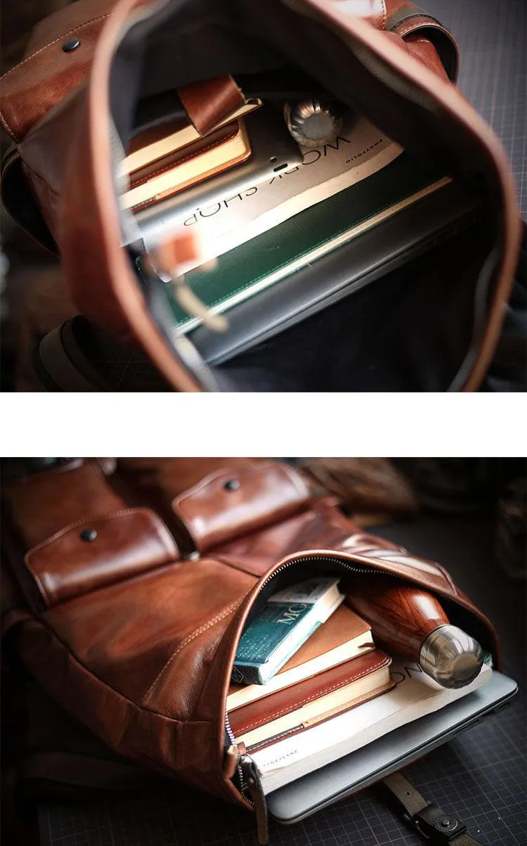 Men’s Full Grain Leather Roll Top Backpack, Handcrafted Vintage Italian Cowhide Laptop, Travel, and Work Bag