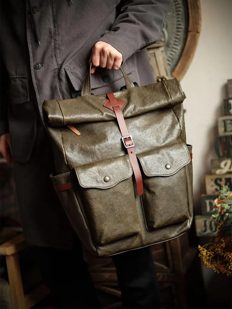 Men’s Full Grain Leather Roll Top Backpack, Handcrafted Vintage Italian Cowhide Laptop, Travel, and Work Bag