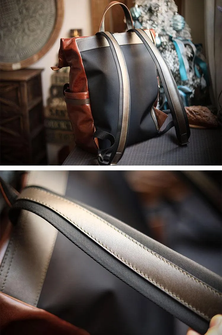 Men’s Full Grain Leather Roll Top Backpack, Handcrafted Vintage Italian Cowhide Laptop, Travel, and Work Bag