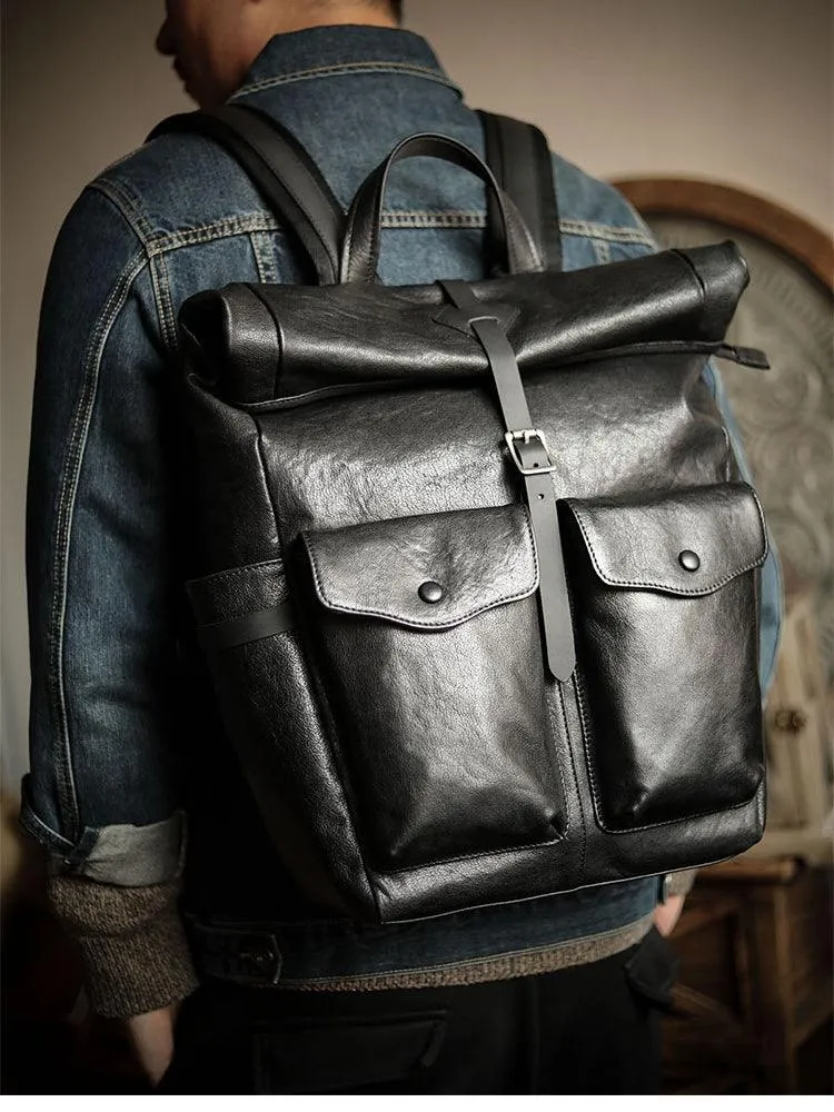 Men’s Full Grain Leather Roll Top Backpack, Handcrafted Vintage Italian Cowhide Laptop, Travel, and Work Bag