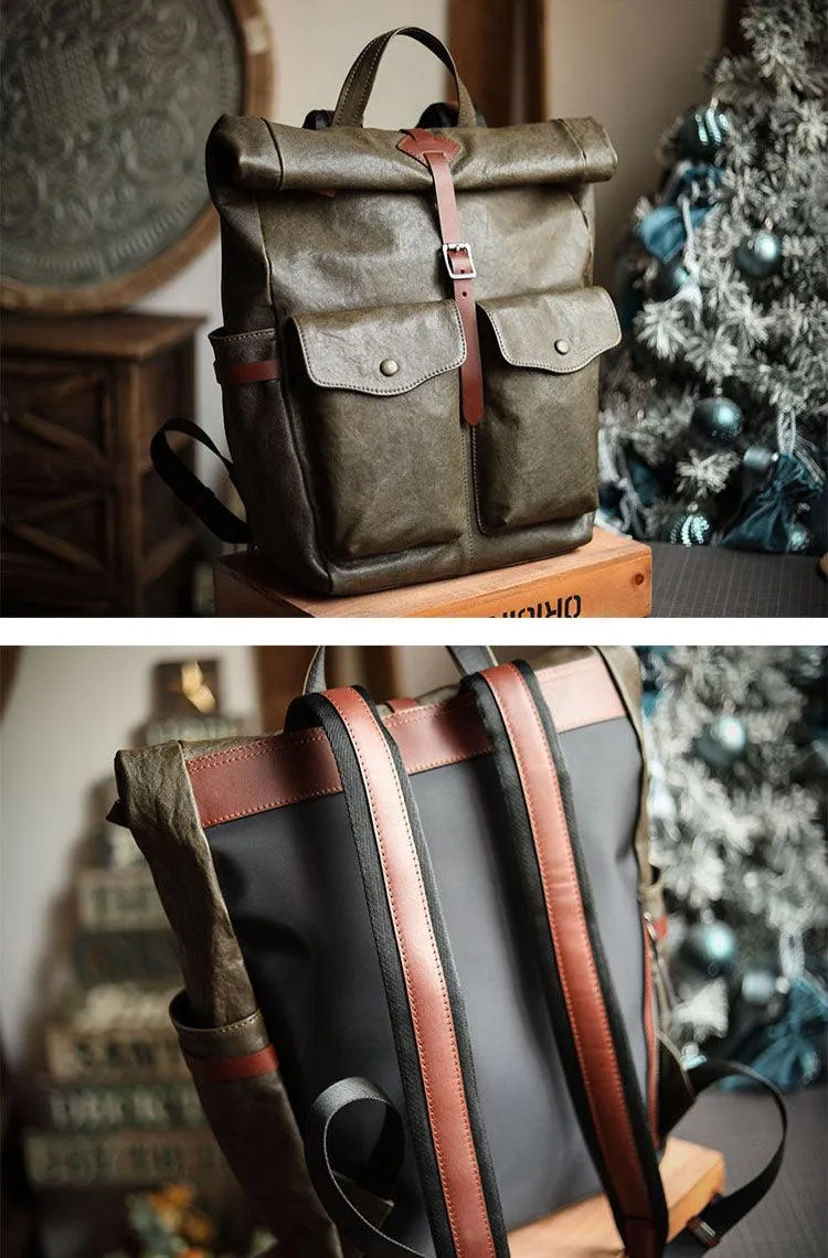 Men’s Full Grain Leather Roll Top Backpack, Handcrafted Vintage Italian Cowhide Laptop, Travel, and Work Bag