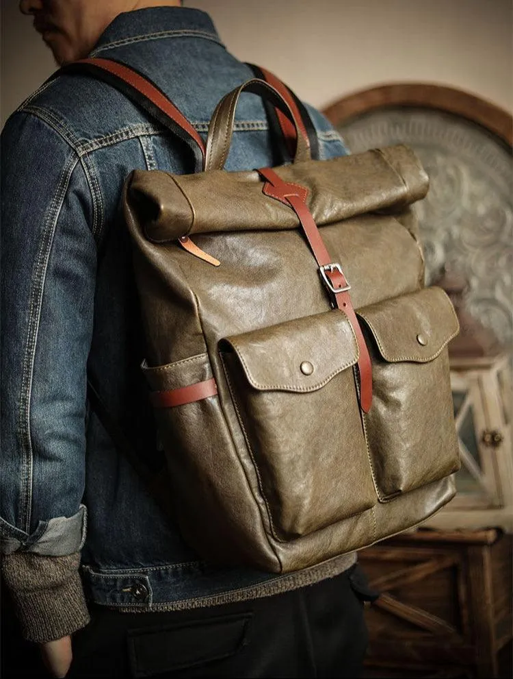 Men’s Full Grain Leather Roll Top Backpack, Handcrafted Vintage Italian Cowhide Laptop, Travel, and Work Bag