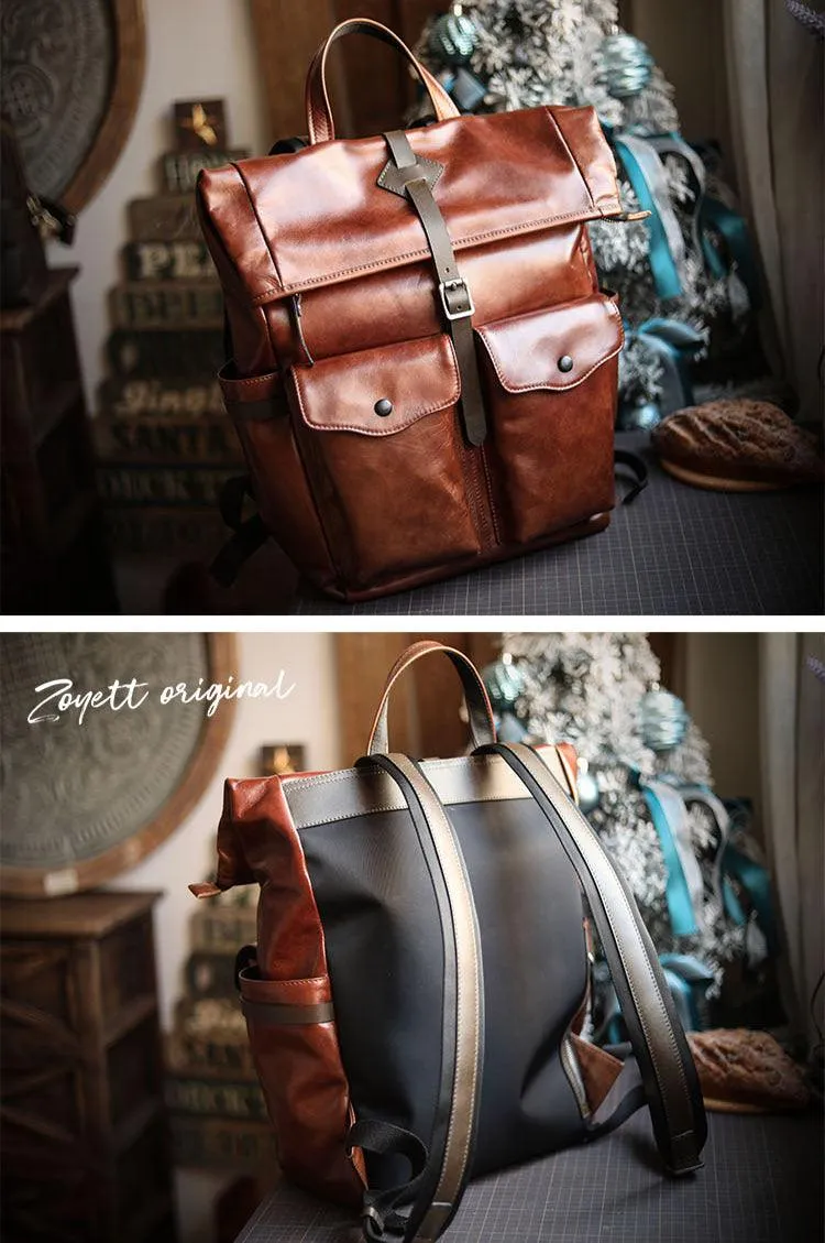 Men’s Full Grain Leather Roll Top Backpack, Handcrafted Vintage Italian Cowhide Laptop, Travel, and Work Bag