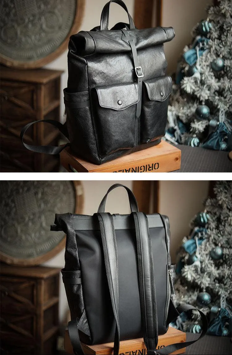 Men’s Full Grain Leather Roll Top Backpack, Handcrafted Vintage Italian Cowhide Laptop, Travel, and Work Bag