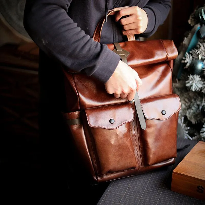 Men’s Full Grain Leather Roll Top Backpack, Handcrafted Vintage Italian Cowhide Laptop, Travel, and Work Bag