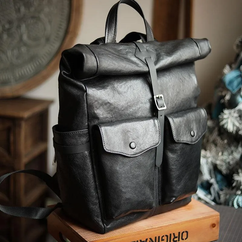 Men’s Full Grain Leather Roll Top Backpack, Handcrafted Vintage Italian Cowhide Laptop, Travel, and Work Bag