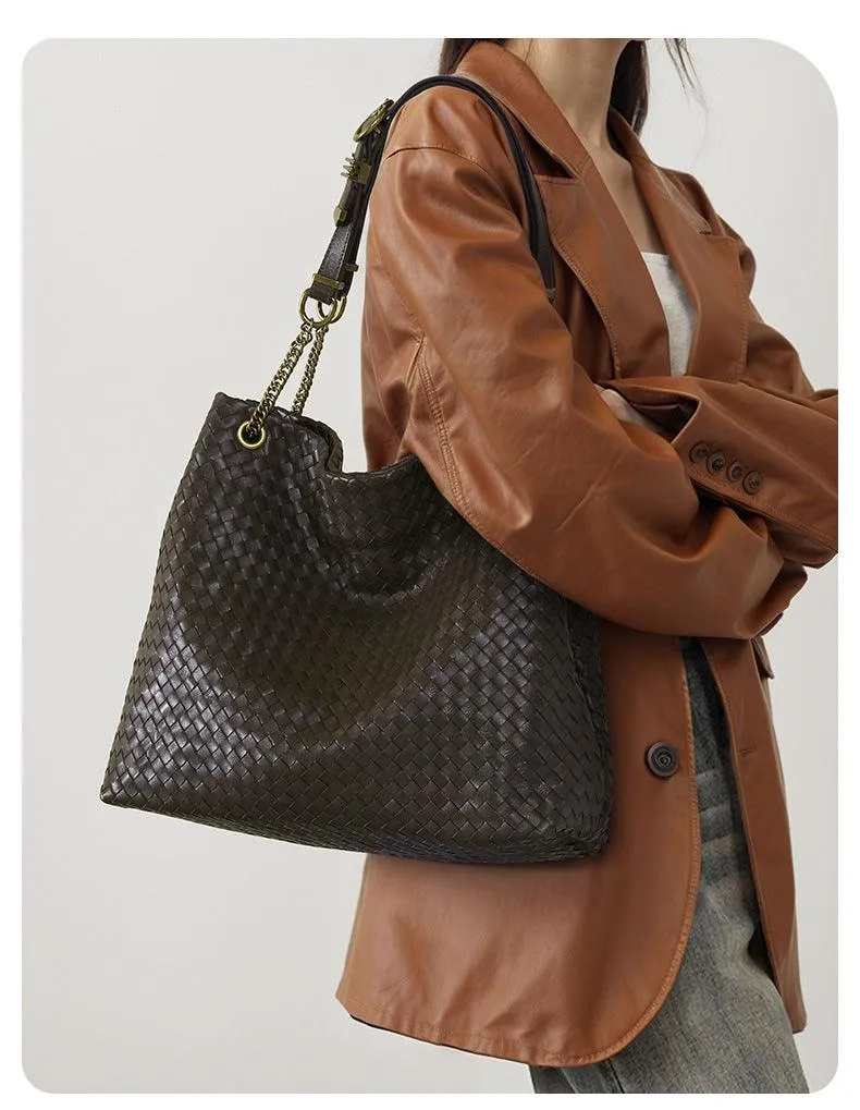 Premium Handwoven Lambskin Tote Bag | Handcrafted Vintage Lock Drawstring Spacious & Versatile Shoulder Bag, Lambskin Shopper