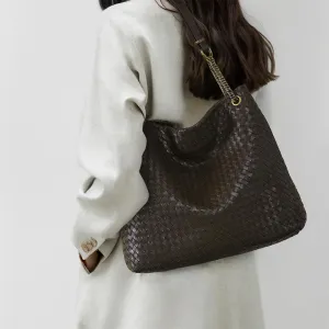 Premium Handwoven Lambskin Tote Bag | Handcrafted Vintage Lock Drawstring Spacious & Versatile Shoulder Bag, Lambskin Shopper