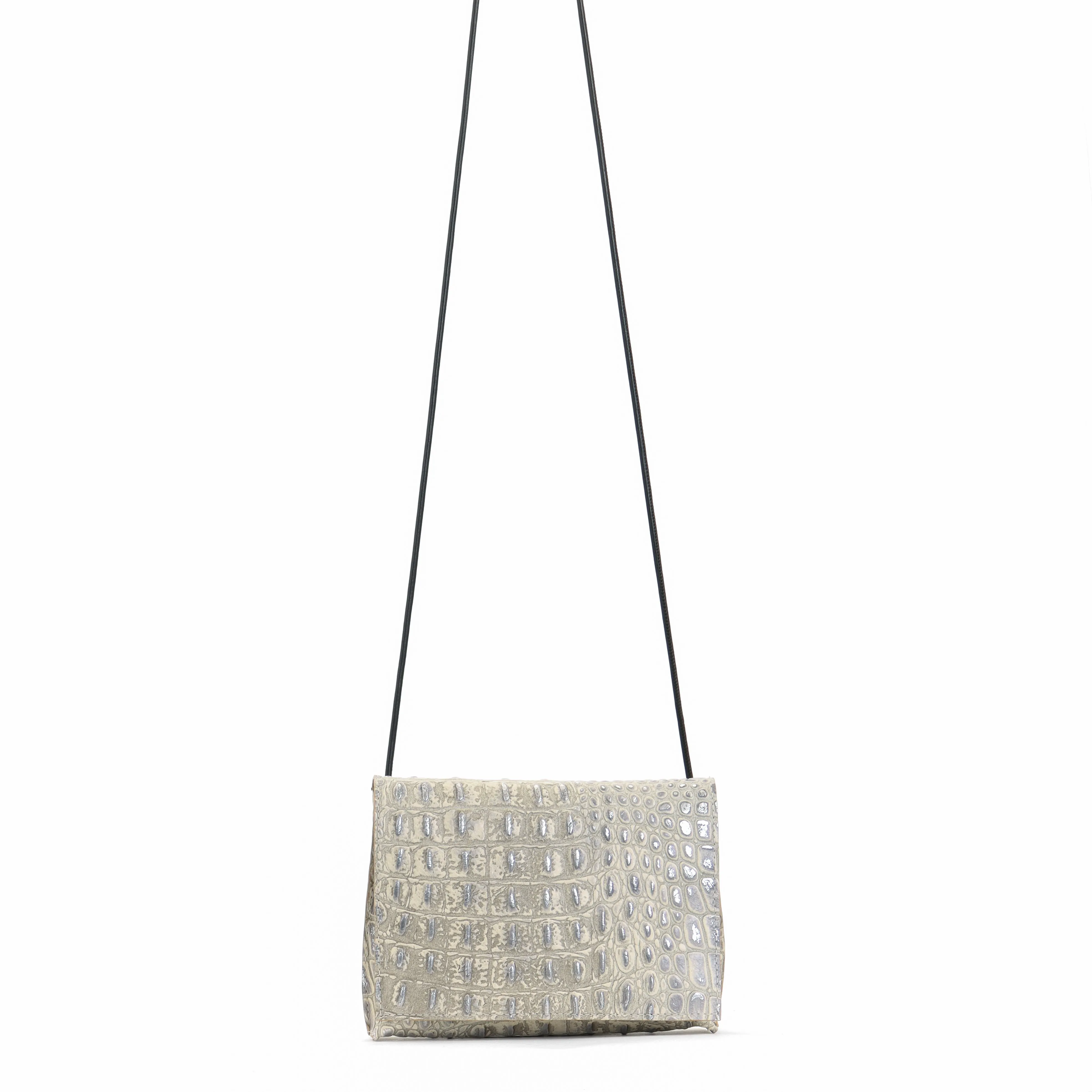 STRAPPY FOLDOVER PLATINUM STONE EMBOSSED CROC