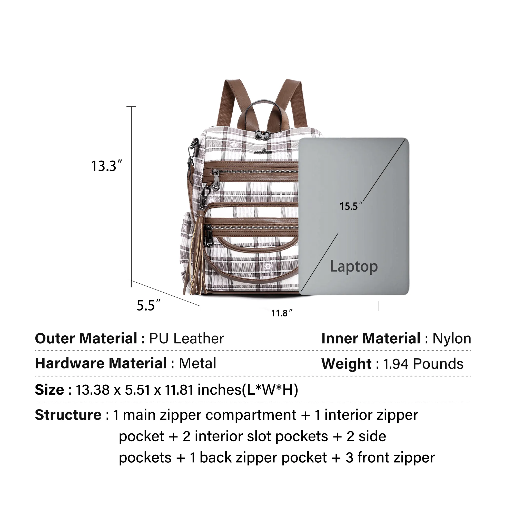 Wash water pu leather plaid document hobo backpacks