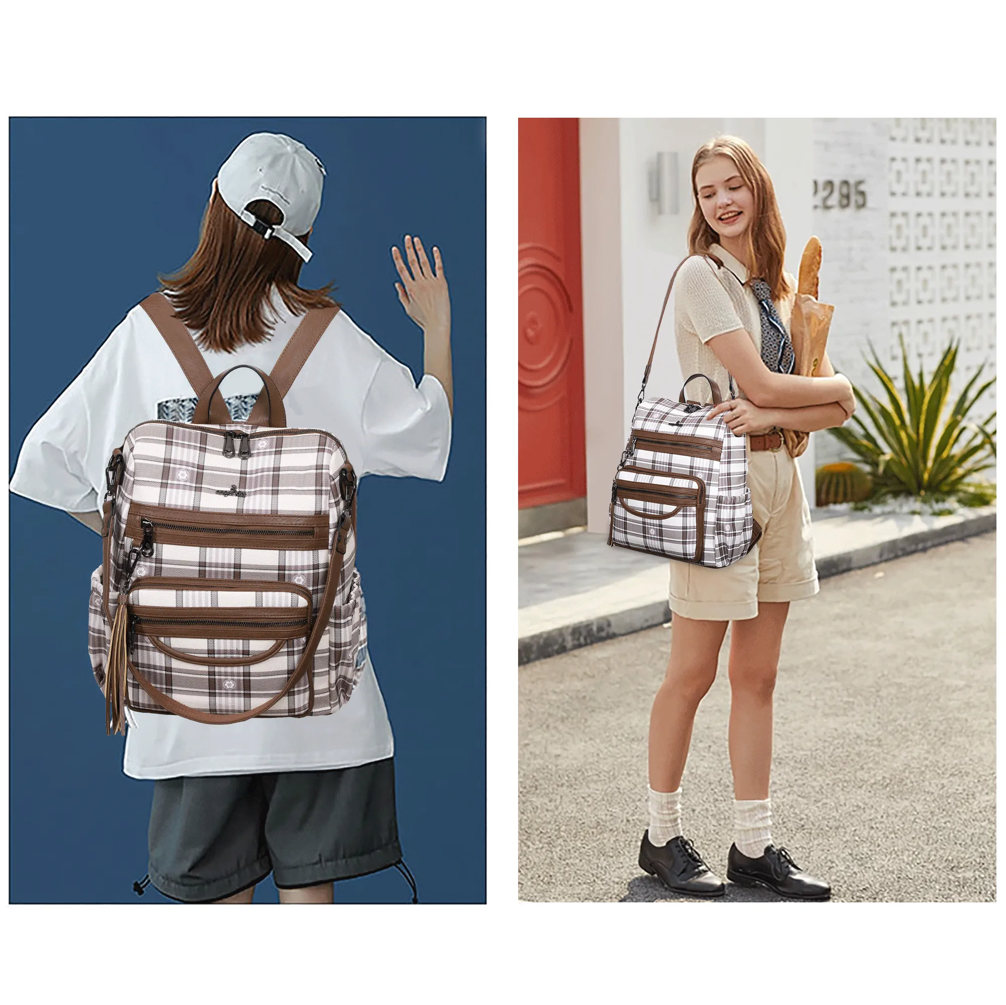 Wash water pu leather plaid document hobo backpacks